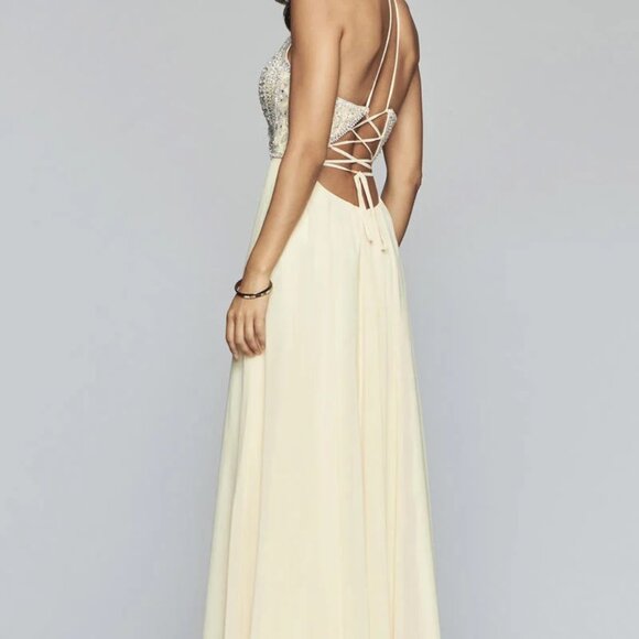 Faviana Pastel Yellow Halter Beaded A-line Lace-Up Chiffon Dress New with Tags - Picture 3 of 10